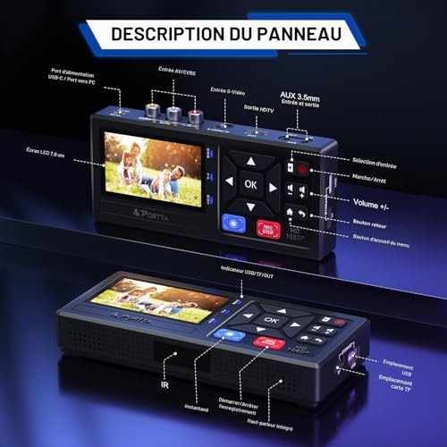 PORTTA VHS to Digital Converter, Scanning Video Cassette with Remote Control, RCA to HDMI Converter Compatible with VHS, VCR, DVR, DVD, Hi8, Mini DV, Cassette Tape, Gaming Consoles