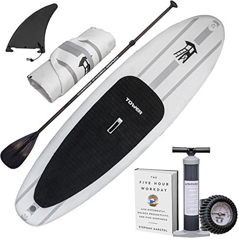 Tower Inflatable 9’10” Stand Up Paddle Board - (6 Inches Thick) - Universal SUP Wide Stance - Premium SUP Bundle (Pump & Adjustable Paddle Included) - Non-Slip Deck - Youth and Adult - Adventure 1