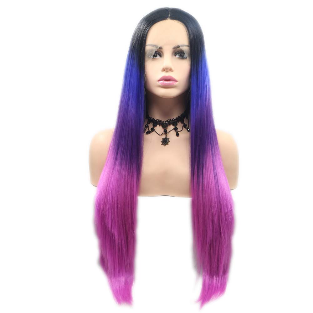 RainaHair Silky Straight Black Ombre Wig Drill Blue Pink 3 Tones Synthetic Lace Front Wigs Colorful Rainbow Wig Cosplay Halloween Makeup for Women Mermaid Drag Queen Wigs 24 Inches