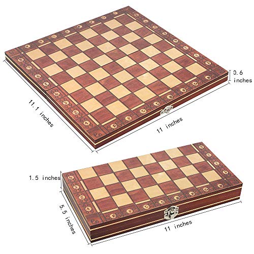 3-in-1 Wooden Chess Set & Checkers & Backgammon Set with Folding Carrying Case Folding and Travel Chess Board for Kids Teens Adults 11 inch