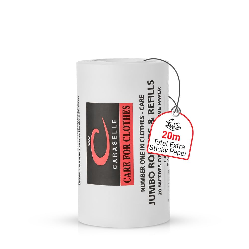 Caraselle Jumbo Lint Remover – 20m total (≈200+ Sheets Equivalent) Extra Sticky Lint Roller for Dog Cat Hair on Clothes, Sofa & Furniture, Continuous No-Perforation Paper Stays Extra Sticky To The End