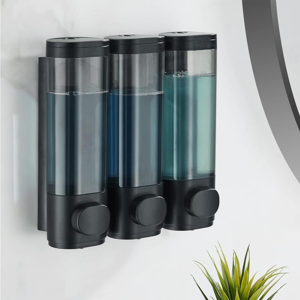 Photo 1 of 3 in 1 Shampoo and Conditioner Dispenser, 1200ML Capacity Shower Soap Dispenser Bathroom Set, 3 Chamber Shower Dispenser No Drill, Fashionable Wall Mounted Soap Dispenser for Bathroom & Hotel