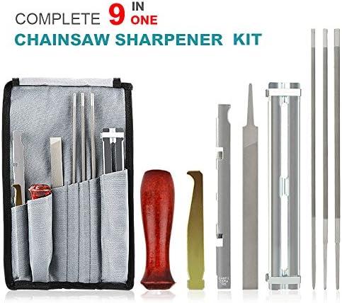 Chainsaw Sharpener Kit, Chainsaw Sharpener File Kit- 3/16, 5/32,7/32 Inch Round Files,File Guide, Depth Gauge, Flat File, Handle, Iron Hook , Tool Pouch, Combo 9 Pack with Sharpening Instructions