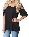 LILBETTER Women's V Neck T Shirts Casual Loose Hollow Out Shoulder Blouses (Black XL)