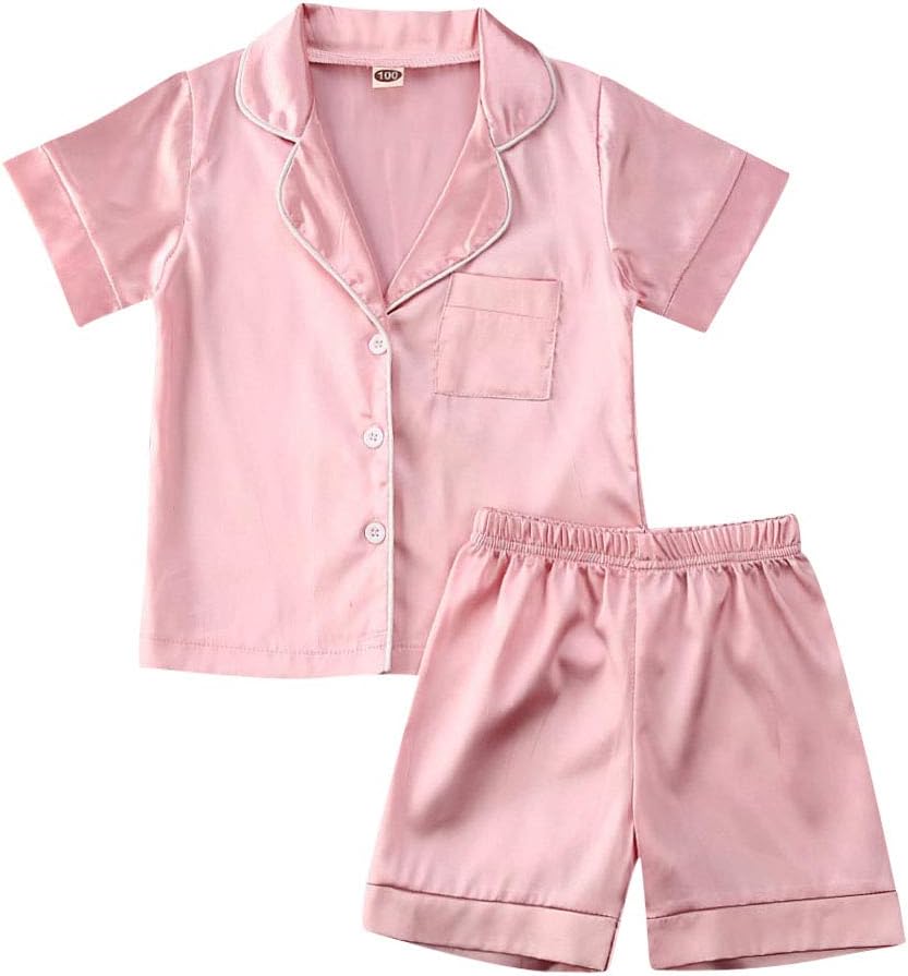 Baby Boy Girls Pajama Set Short Sleeve Satin Sleepwear Snug Fit Solid Color 2-Piece Sleeping Clothes