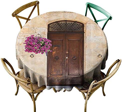 one1love Spill-Proof Table Cover Tuscan Decor Image of Rusty Wood Door with Flowers in Italian Town Authentic Nostalgic Building Dinner Picnic Table Cloth Home Decoration 40 INCH Cream Lilac Brown