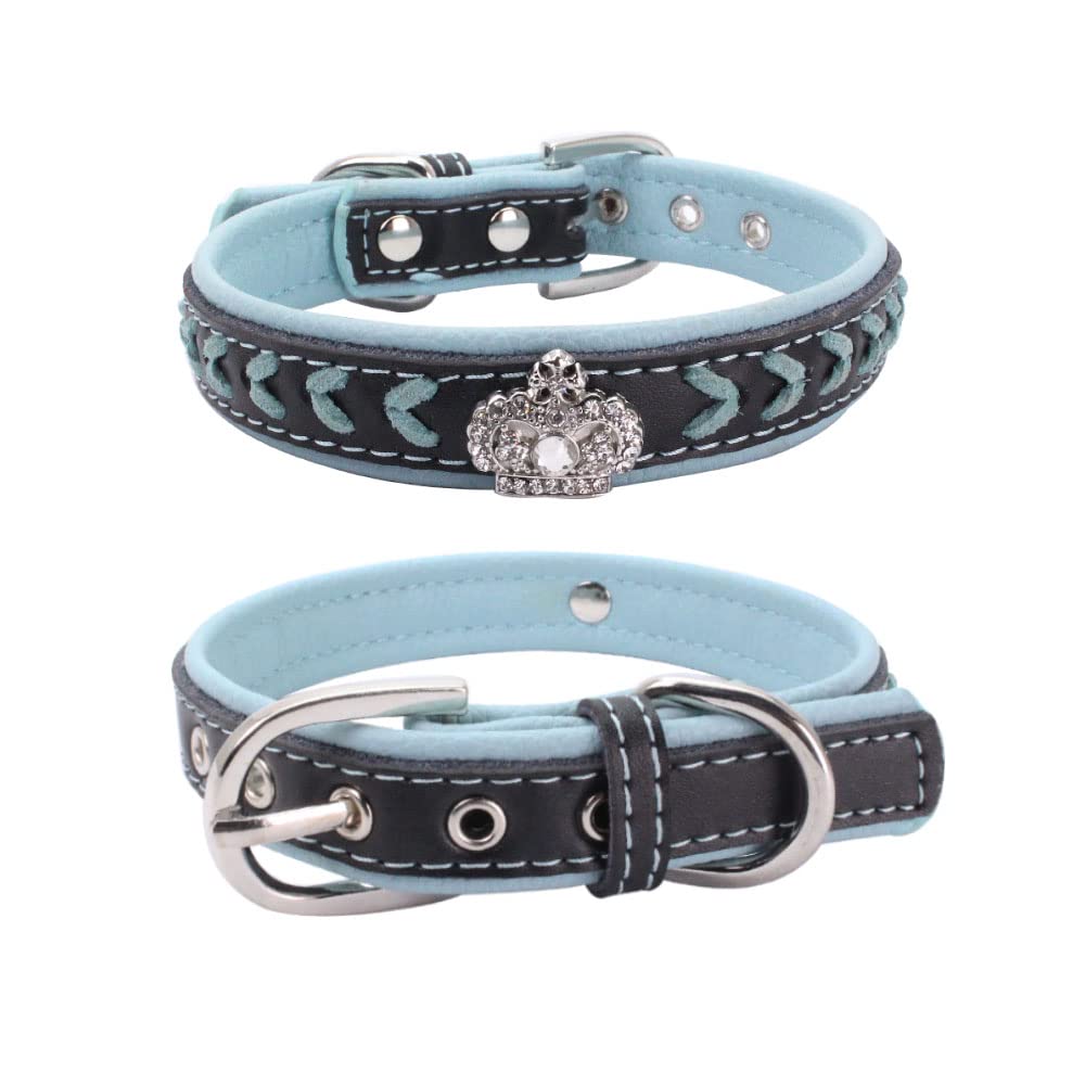 haoyueer Braided Soft Padded Genuine Leather Dog Collar, Rhinestone Crown & Stylish Braided Dog Collar, Fits Small Medium Large Breeds (S, Blue)