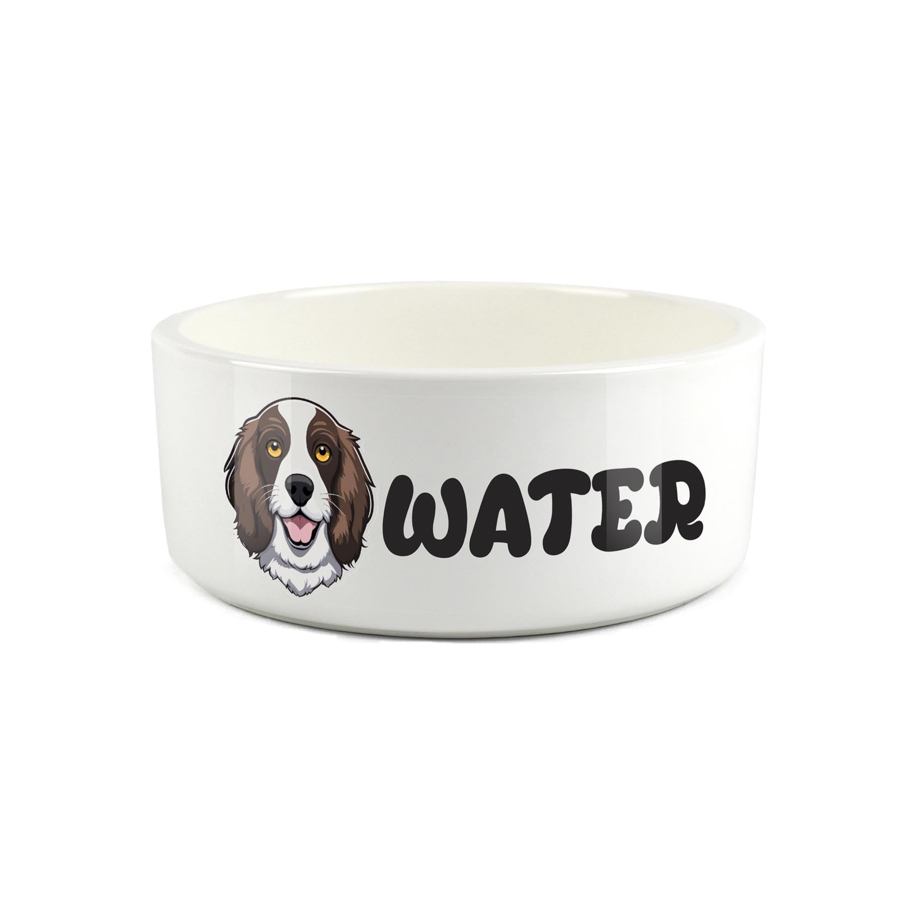 Springer Spaniel Pet Bowl - Cartoon Dog Portrait Large Ceramic Water Bowl - Novelty White Water Dish For Dogs