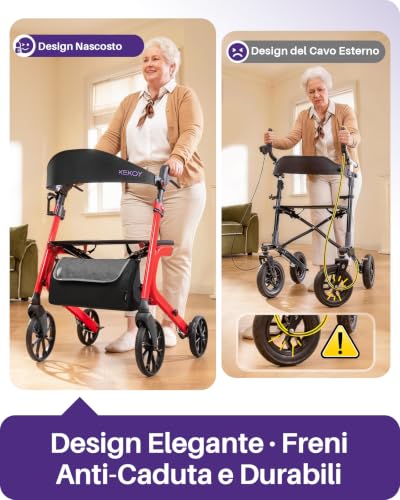 Kekoy Bariatrico Resistente Deambulatore per Anziani 4 Ruote, Pieghevole, 226 kg Portata, Sedile 50 cm Extra Largo, Ruote 25 cm Per Tutti I Terreni, Altezza Regolabile, Freni con Cavi Nascosti, Rosso