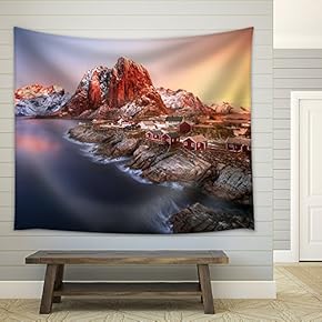 Sunrise Over Hamnoy, Lofoten Islands, Norway - Fabric Wall Tapestry Home Decor - 51x60 inches