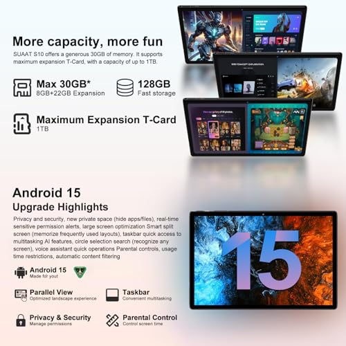 JVVQTB Tablet Android 15 Octa Core 30GB RAM + 128GB ROM (2TB TF) tablets 10 Inch | 5G + 2.4G WiFi | GPS |Widevine L1|Gemini AI|FHD | Bluetooth 5.0 | 8MP + 5MP | Type C, Tablets with a case - Black