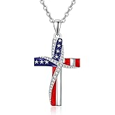 Palpitate American Flag Cross Necklace 925 Sterling Silver Patriotic Pendant Necklace Independence Day Religious Jewelry Gifts for Women