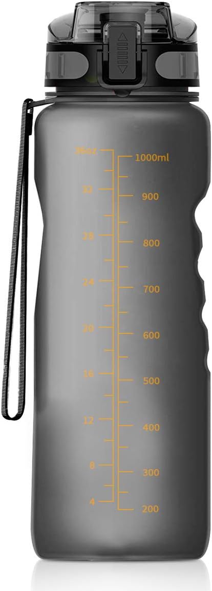 CestMall Sports Water Bottle, 1000ml Motivational Leak-Proof with Filter Tritan Non-Toxic Plastic Water Bottles, BPA Free Reusable Drink Bottles for Outdoor, Camping, Cycling-Grey