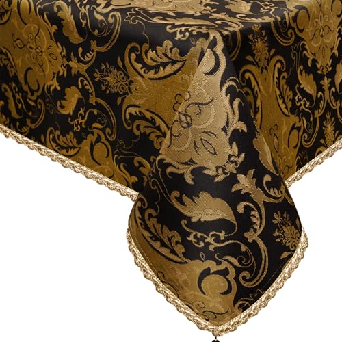 TOPLUXE Damask Tablecloth with Tassels, Decorative Rectangular Tablecloth, Table Cover for Dining Table Kitchen Living Room Party (140 x 240 cm, Black)