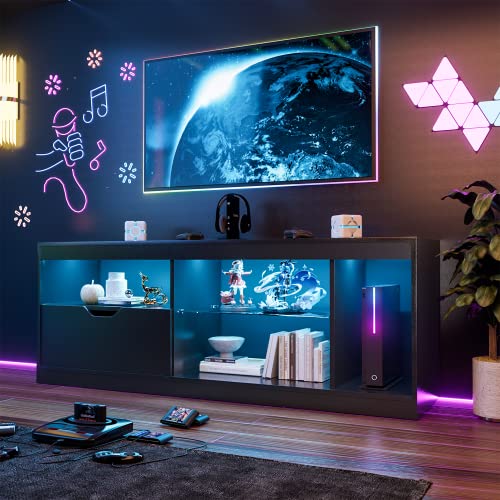 YESHOMY Modern LED TV Stand for Televisions up to 65+ Inch with Glass Shelves a…
