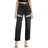 MIFJNF Women's Y2k Baggy Ripped Jeans High Waist Loose Rhinestone Distressed Wide Leg Pants for Women Streetwear