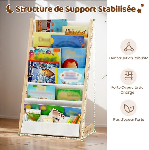 Bibliotheque Enfant en Bois Massif à 7 Niveaux - Etagere de Rangement pour Livres - Présentoir Livres Bebe avec Design Stable - Meuble Montessori pour Chambre d’Enfant (42.5 cm, Naturel)