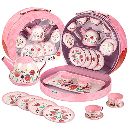 UNIH Tea Set for Little Girls,Kids Tea Set Pink Tin Tea Party Set with