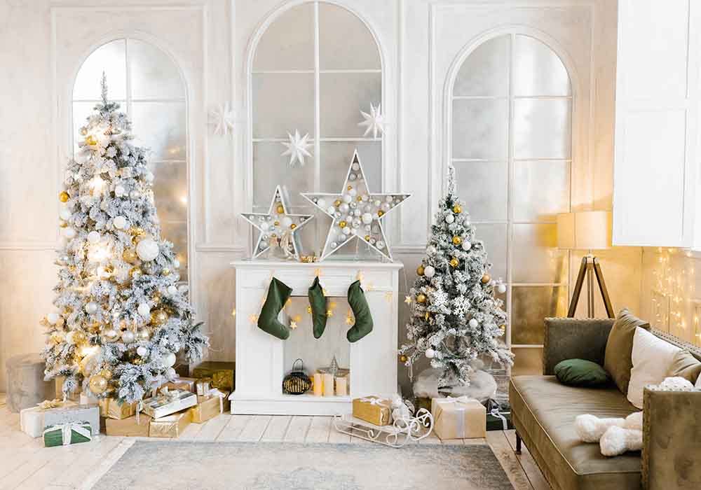 Haosphoto Christmas Backdrop for Photography 7X5FT Fireplace Backdrops Pine Trees Stocking French Window Sleigh Xmas Background for Merry Christmas and Happy New Year Photo Studio Props Vinyl HS913