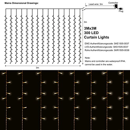 LEORX Curtain Lights 300 LEDs 9.8 X 9.8ft, 8 Modes Curtain Fairy Lights for New Year Wedding Party Bedroom Garden Patio Outdoor Indoor, Warm White - Thumbnail 4