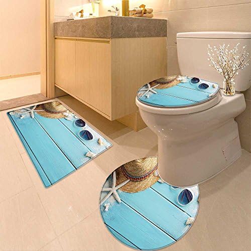 3 Piece Extended bath mat set beach on wooden board Very Absorbent Bathroom Bath Mat Contour Rug