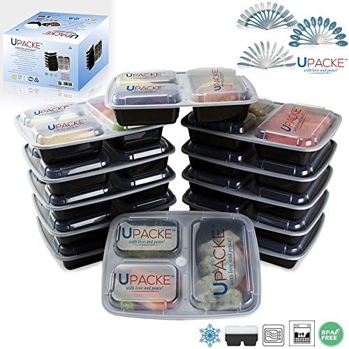 Upacke Meal Prep 12-sets, 3-Compartment Food Containers with Lids for Portion Control, Stackable - Leak Proof, Haven, Microwave, Dishwasher Safe, Reusable, Bento Lunch Box with Bonus 36 set Cutleries and Recipe eBooks.