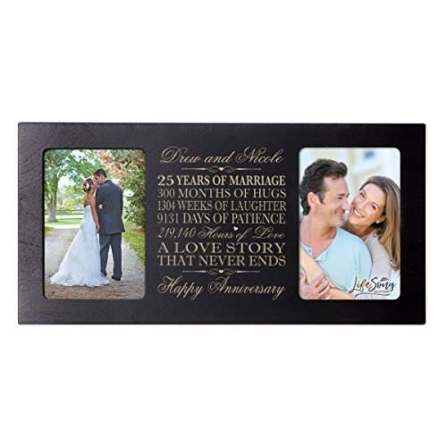 Personalized 25 year anniversary gift her him couple Custom Engraved wedding celebration for Husband wife girlfriend boyfriend photo frame holds two 4x6 photos by LifeSong Milestones (Black)