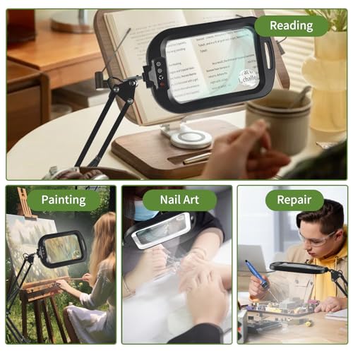 GABORISH Table Magnifier with Light and Stand, Rectangular Magnifying Lamp with 60 LEDs, 5 Colour Modes and Dimmable, Hands-Free Standing Magnifier with Light, 2-in-1 Magnifying Lamp with Clamp and Base for Reading Closework