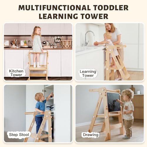 Labebe Learning Tower for Children, 3 in 1 Montessori Foldable Observation Tower, Multifunctional Adjustable Learning Tower with Double-Sided Board from 1 Year (Wood)