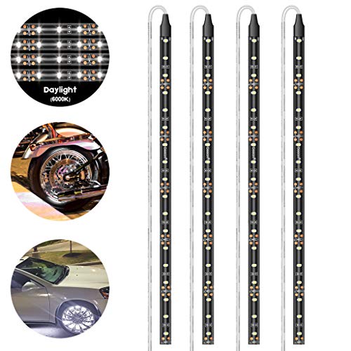 Geeon Daylight White LED Strip Lights Waterproof for Auto Cars Boats Trailers RV Motorcycle Bike Interior Exterior Lighting 12V 12” 3528 SMD 6000K Pack of 4