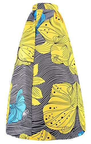 Novia's Choice Women African Floral Print Pleated High Waist Maxi Long A-Line Skirt(Big Yellow Flower M) - Thumbnail 4