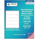 Premium Label Supply Waterproof Matte White Water Bottle Labels – 8" x 2" – Inkjet Printers Only – (5 per Sheet), 10 Sheets - 50 Total Adhesive Labels