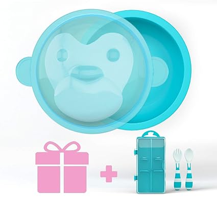UNIH Baby Bowl and Spoon Set for Feeding Cartoon Monkey Baby Bowl with Lid Baby Fork and Baby Spoon Set with a Carry Case Baby Dinnerware Feeding Set, Perfect Baby Gift, BPA-Free(Blue)