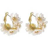 CZ Pearl Flower Huggie Hoop Earrings for Women Girls Sterling Silver Post Dainty Shell Pearl Heart Clover Flowers Cluster Statement Dangle Drop Big Hoops Crystal Studs Hypoallergenic Elegant Wedding Birthday Jewelry Gifts