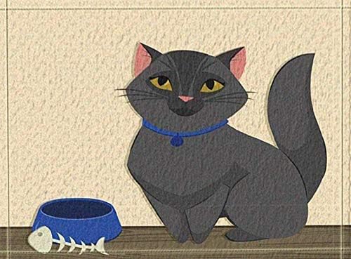 Fondo beige, piso marrón, cuenco azul de comida para gatos, espina de