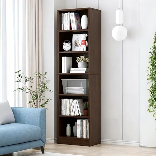 Beauenty Simple Bookshelf, 6-Tier Display Bookcase with Back Panel, Open Book Storage Shelf for Living Room, Bedroom, Home Office, Wooden Storage Shelf Unit (Walnut-40 * 24 * 180cm)