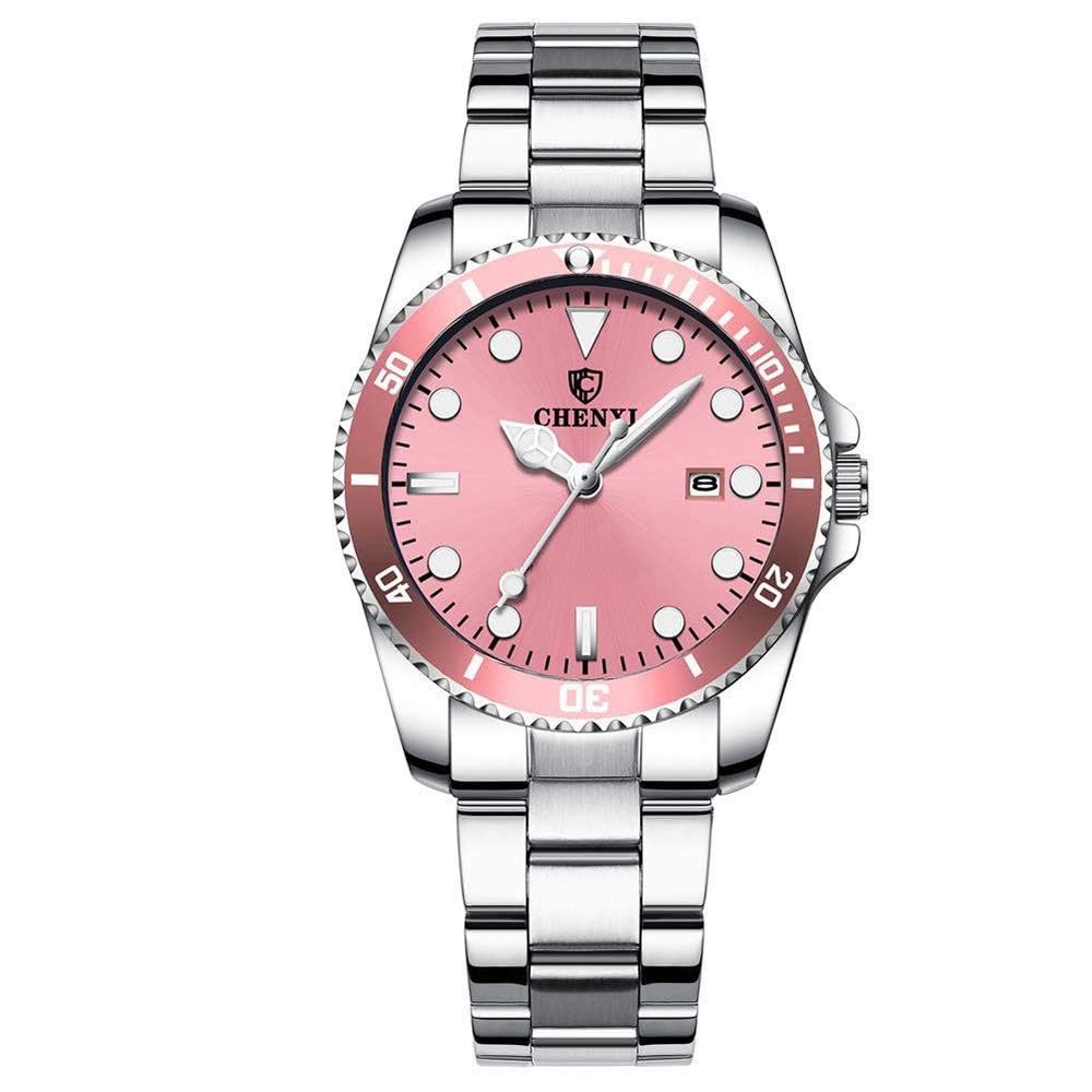 MASTOP Women's Classic Fashion Silver Stainless Steel Watches Waterproof Date Luminous Lady Dress Wrist Watch, Pink, Classic