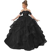 Kibbih Girls Flower Girl Dress Beaded Applique Tulle Pageant Dresses Off Shoulder Kids Ball Gown for Wedding Party