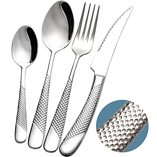 Xideman 24-piece hammered table cutlery with serrated knife 2 in 1 ultra sharp, 18/10 stainless steel cutlery set for 6 people, cutlery set knives, forks, spoons.