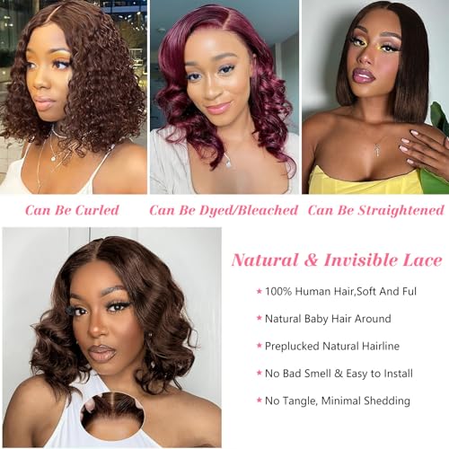 Glueless Wig Human Hair Bob Wigs for Women Human Hair Wear and Go Glueless Wig 4x4 Pre Cut Body Wave Lace Front Wigs Natural Hairline 180% Density Chocolate Brown Color 12 inch (30cm)