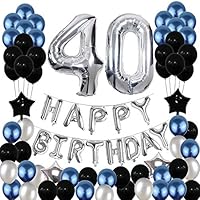 40th Birthday Decorations,40 Birthday Balloons Party Supplies Happy Birthday Banner Latex Balloons Foil Star Balloons Blue Black (81PCS)