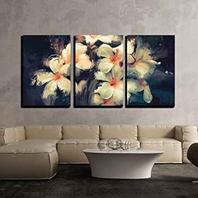 Painting Showing Beautiful White Flowers in Dark Background x3 Panels