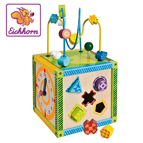 Eichhorn 100002235 buntes Spielcenter, Motorikwürfel mit Motorikschleife, Uhr, Motorikspiel, Drehspiel und 5 Steckbausteine, für Kinder ab 1 Jahr, Größe: 20x20x36 cm
