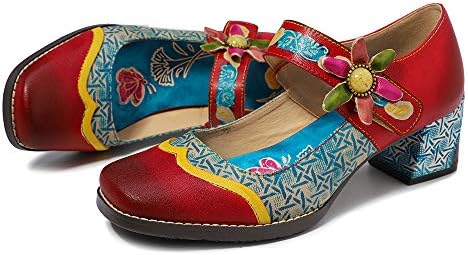 Womens Leather Mary Janes Shoes Colorful Patchwork Block Heel Pumps Vintage Mary Janes Shoes