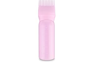 COMNICO Root Comb Applicator Bottle, 6 Ounce Plastic Squeeze Hair Dye Oil Applying Applicator Brush Cap with Graduated Scale, Portable Hair Color Dispenser (Pink)