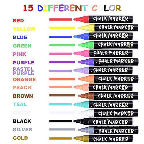 Liquid Chalk Markers, Morfone Markers 15 Colors with 32 Chalkboard Labels for Blackboards Window Mirror Bistro Erasable Pens 6mm Reversible Bullet and Chisel Tip