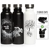 Stainless Steel Vacuum Insulated Double Walled Water Bottle + 2 BPA Free Sports Tops (1 W/Straw). Eco Friendly, Powder Coated, Sweat Proof 20 oz Thermos Bottle by Involve & Evolve