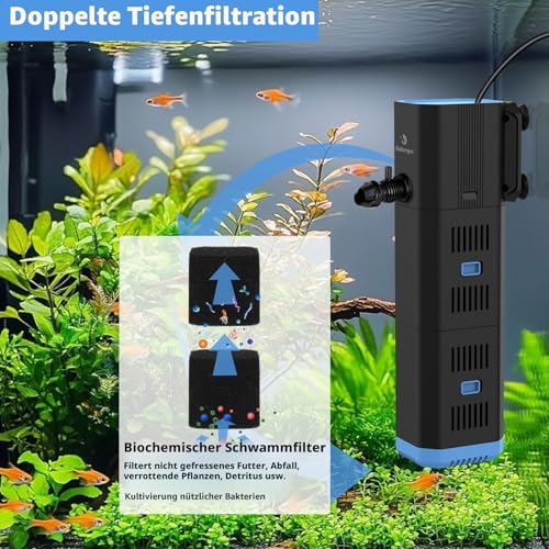 fishkeeper Aquarium Filter, Adjustable 500L/H Aquarium Internal Filter for 30L-120L Aquariums, 4-in-1 Aquarium Pump with Filter, Oxygen, Wavemaker, Filter Sponge (6W (500L/H, ≤120L))