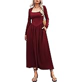 Mieazom Women's Long Sleeve Maxi Dress 2025 Fall Crewneck Knit Casual Solid Wedding Guest Flowy Long Dress with Pockets Wine Red S