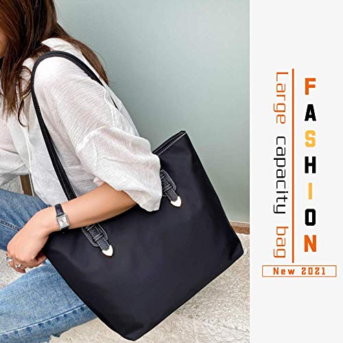 Large Nylon Tote Bags for Women，Women\'s Shoulder Handbags，Over the Shoulder Purse for Work (Dark Black)